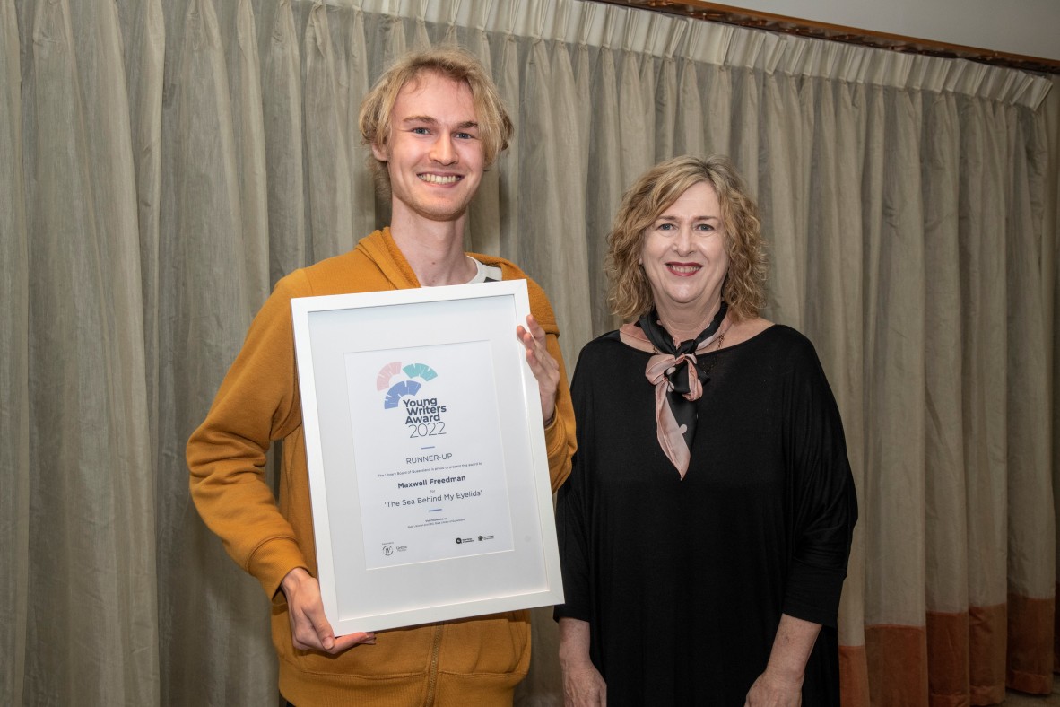  Finalist Maxwell Freedman poses with certificate – with State Librarian