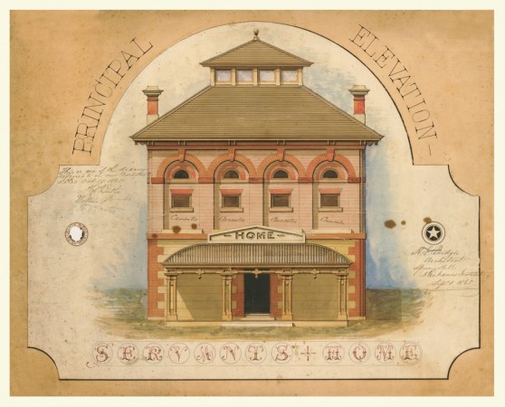 Stylised illustration of proposed servants home building in brisbane city, 1860s