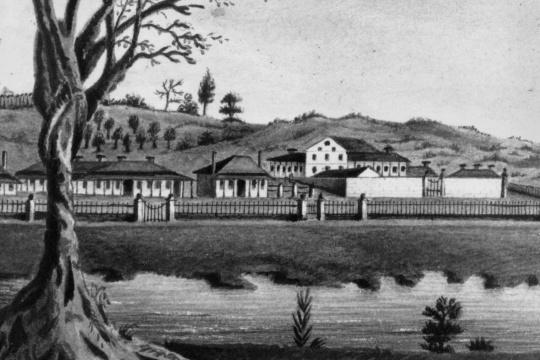 Black and white sketch depicting Brisbane circa 1835, showing buildings along the river including the old windmill and Convict hospital.