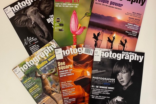 Photo of six magazine covers, all 2020 and 2021 issues of Australian Photography magazine