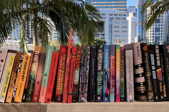 A row of books spine out like a bookshelf arranged in colour; city buildings and palm trees in the background