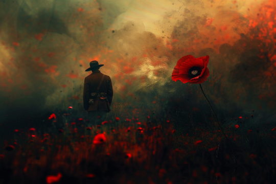 Solider in a field of poppies, generated by Midjourney V6.0