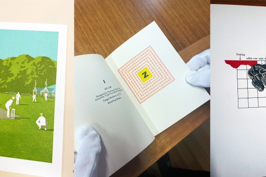 a collage of three different pages from different artists books. The first is a illustration of some people playing cricket in a park, the 2nd is type based artwork around the letter z and the last is a illustration with the words "Nothing edible ever came of it".
