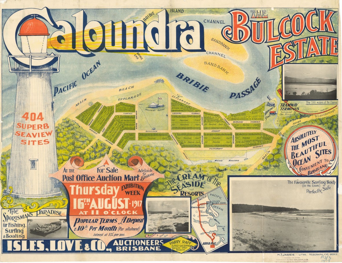 Coloured estate map of Caloundra Bullock Estate, featuring a light house and the Bribie Island Passage