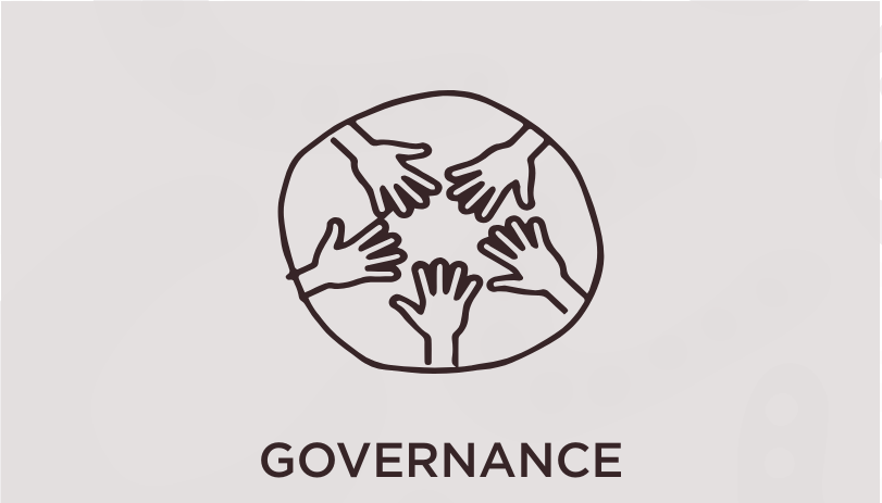 Title reading Governance. Illustrated icon depicting governance. Five hands reaching together inside an illustrated circle. a drawn circle.
