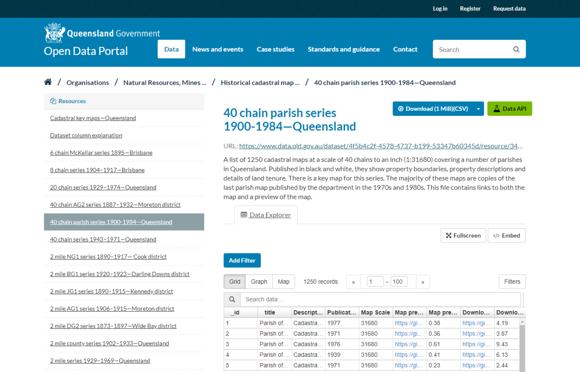 Screenshot of historical maps at Queensland’s Open Data Portal 