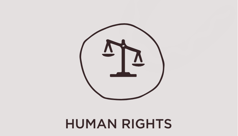 Title reading Human Rights. Illustrated icon depicting human rights. Small scales inside a drawn circle.