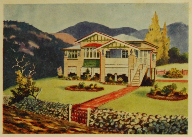 Coloured image of Queenslander house from booklet "99 everyday homes for Queenslanders"