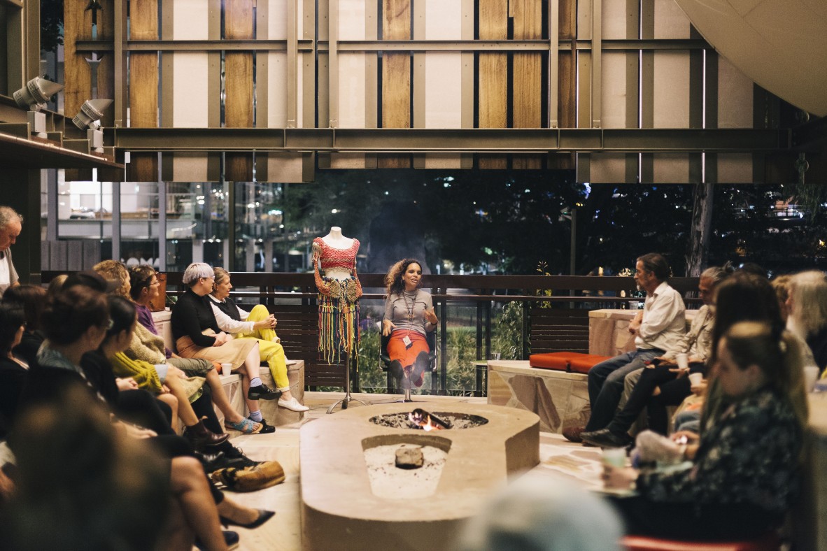 People gathered in State Library's Talking Circle to listen to Elisa Jane Carmichael. Photo by Joe Ruckli.