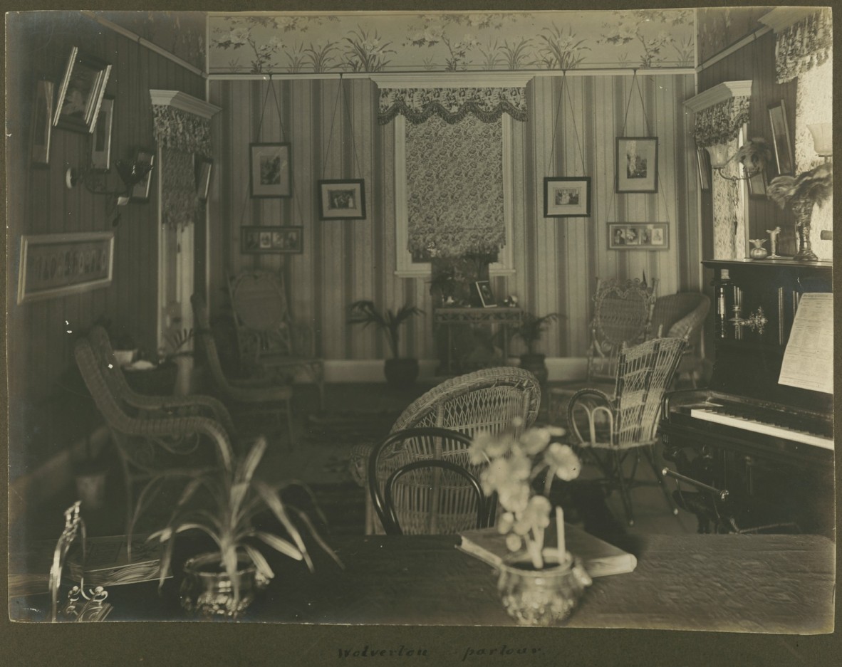 Sepia image of parlour at Wolverton, a Townsville residence, ca. 1895