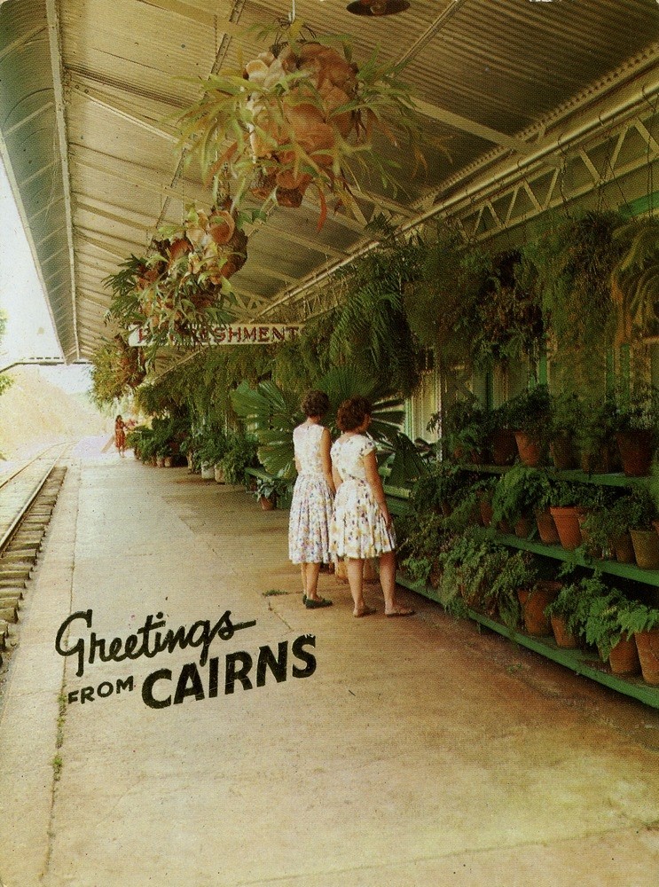 Visitors admiring the plantings on the platform at Kuranda Railway Station, Kuranda, Queensland, 1970