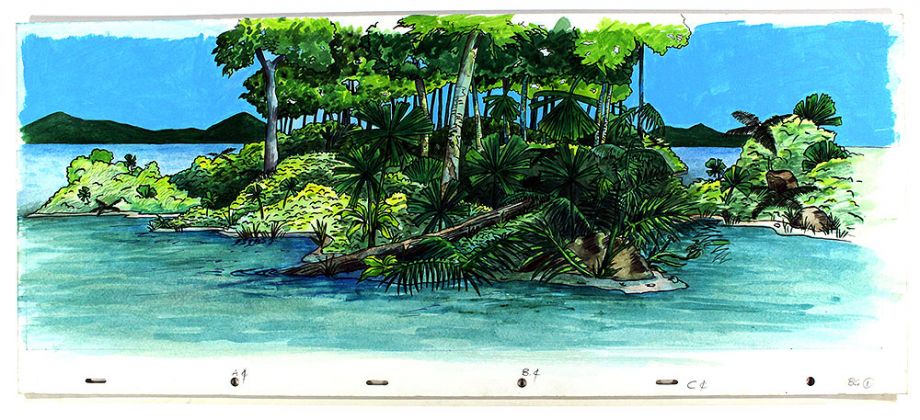 Watercolour of rainforest and ocean from Hawkesbeak Turtle