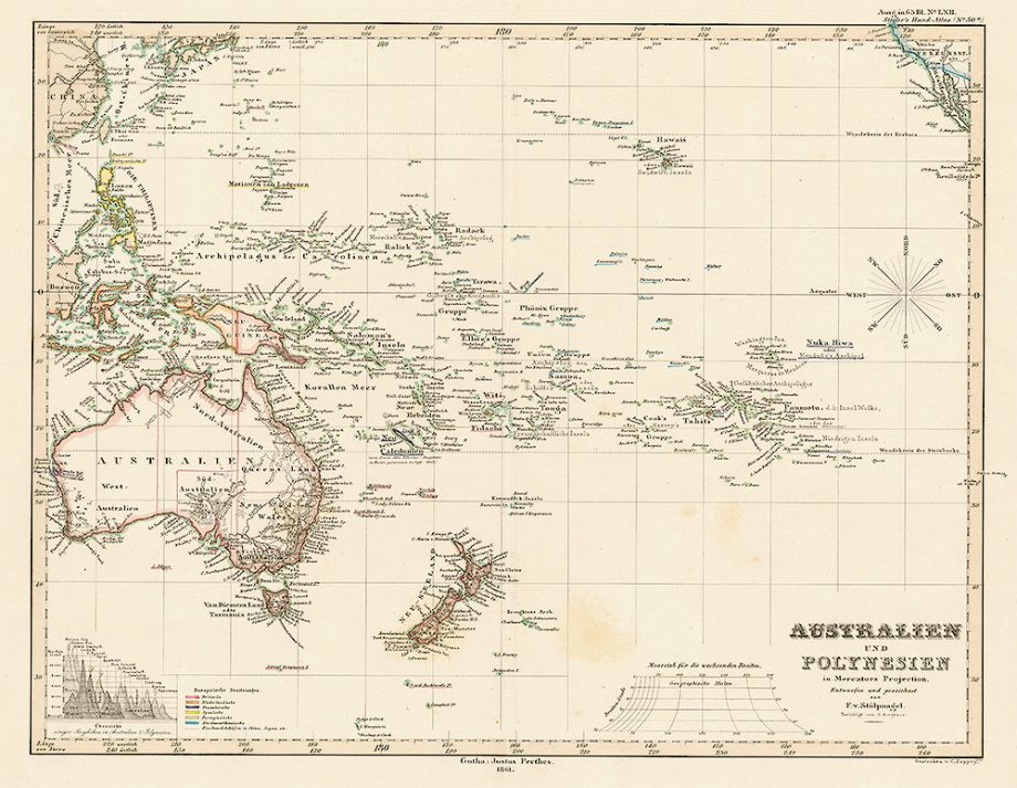 1855 Australien und Polynesien. Adolphe Stieler 1775-1836 ; Augustus Petermann 1822-1878.; F Stulpnagel 1781-1865. Gotha, Germany : Justus Perthes :1855 Record no:698901