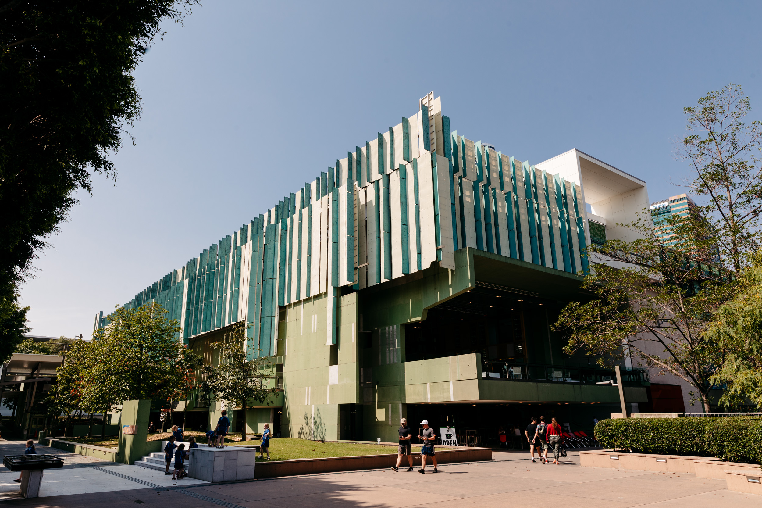 State Library of Queensland. Photo by Josef Ruckli. An image taken from outside State Library of Queensland on a blue clear day