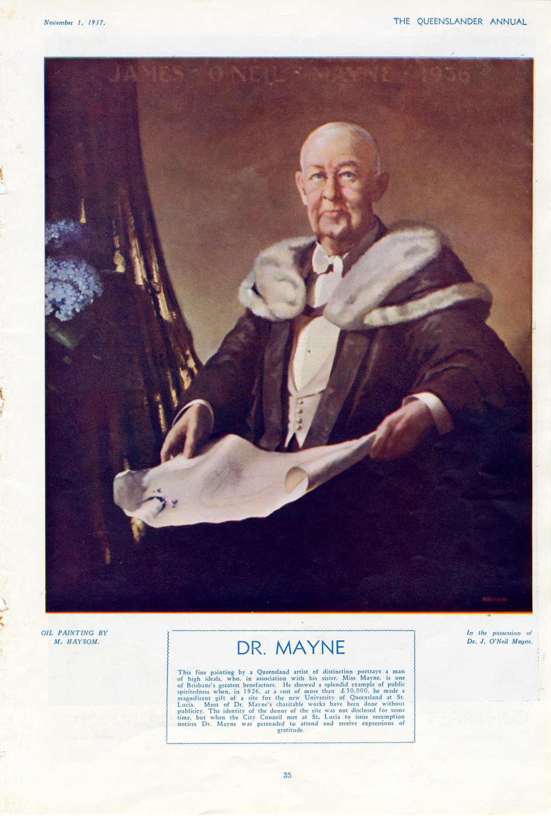 Dr James Mayne appeared on the Illustrated page from The Queenslander annual 1937