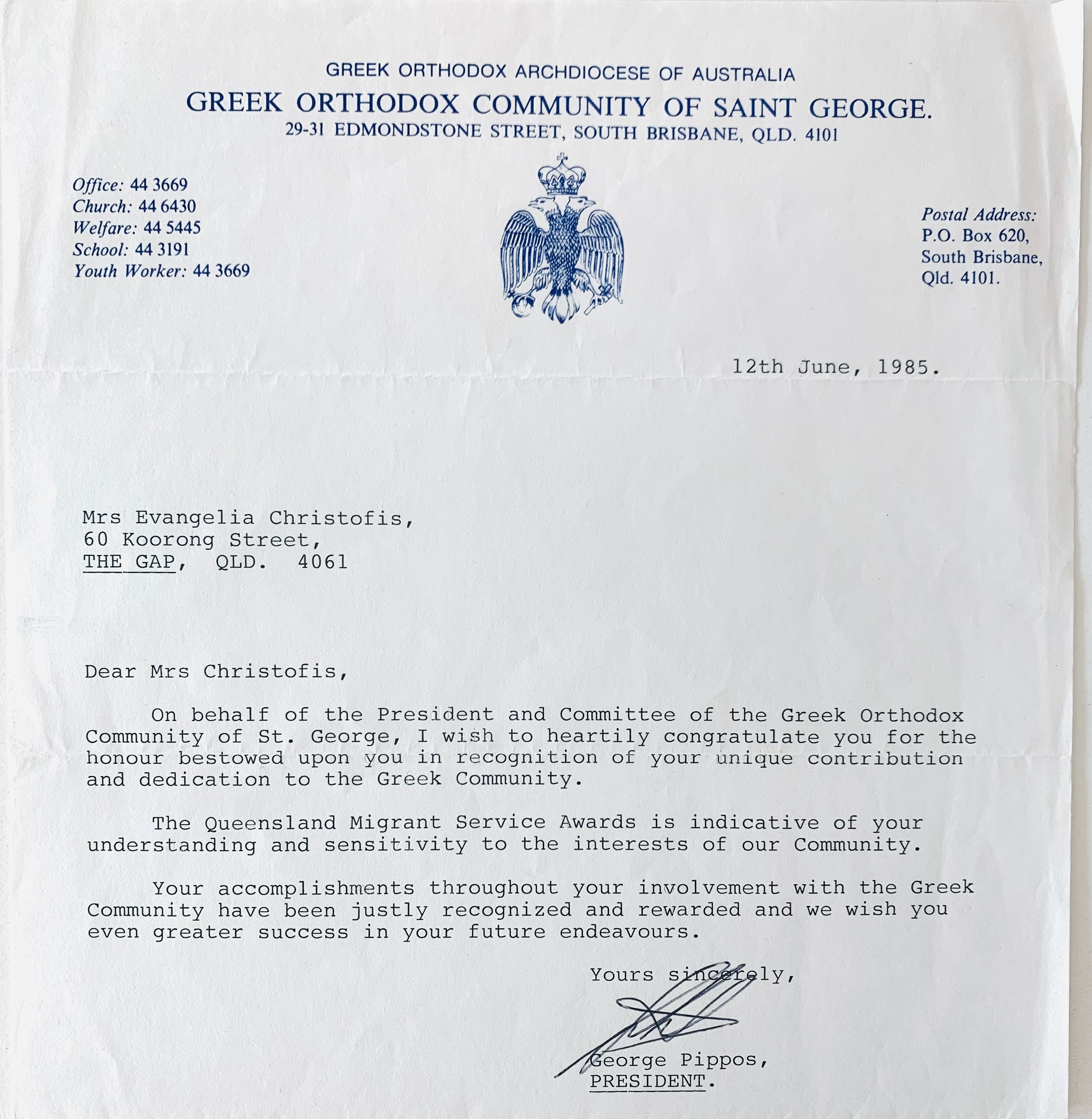 Congratulations Letter from George Pippos, President and Committee of the Greek Orthodox Community of St. George 1985