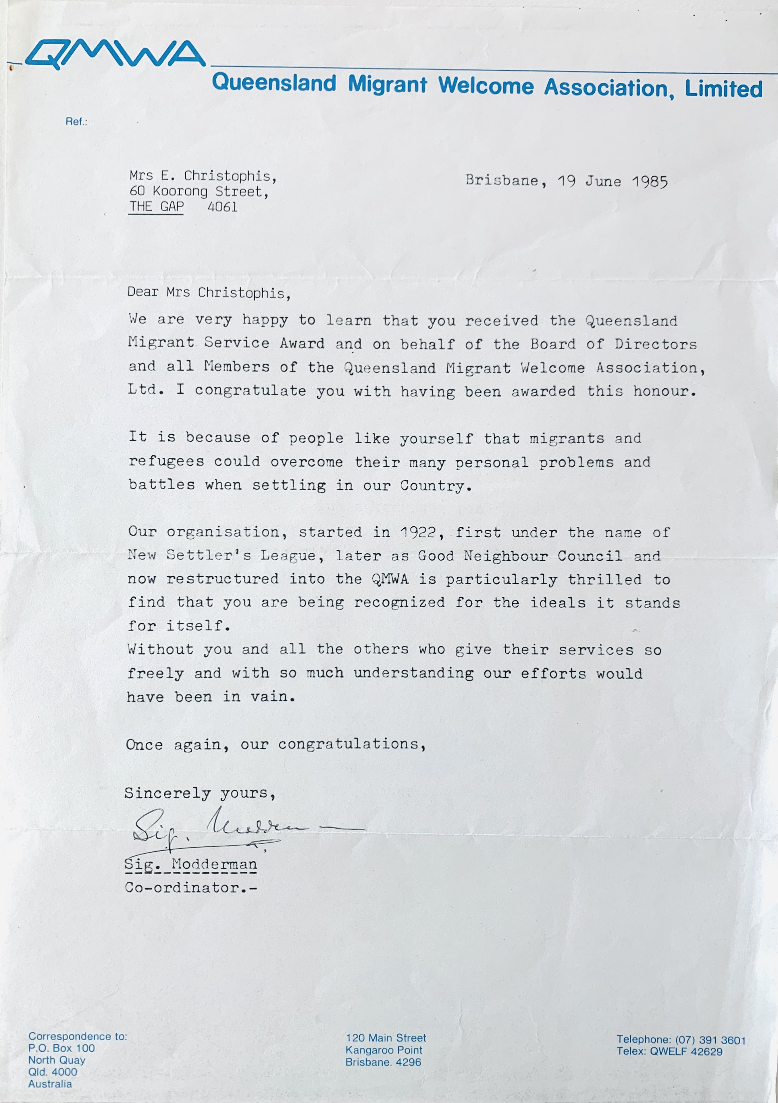 Congratulations Letter to Mrs Evangelia Christofis from Sig. Modderman, Co-ordinator of the Queensland Migrant Welcome Association Ltd in 1985