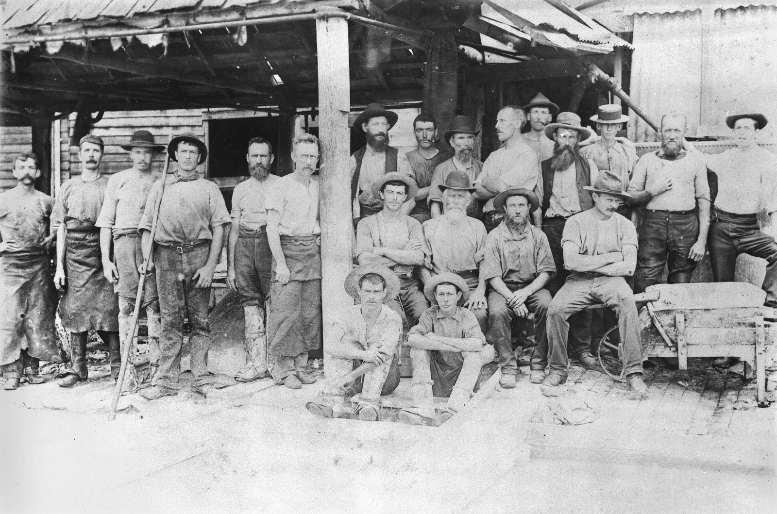 Tannery workers posing outside Wetzig and Granlunds tannery, Bishop Street, Kelvin Grove, ca. 1895
