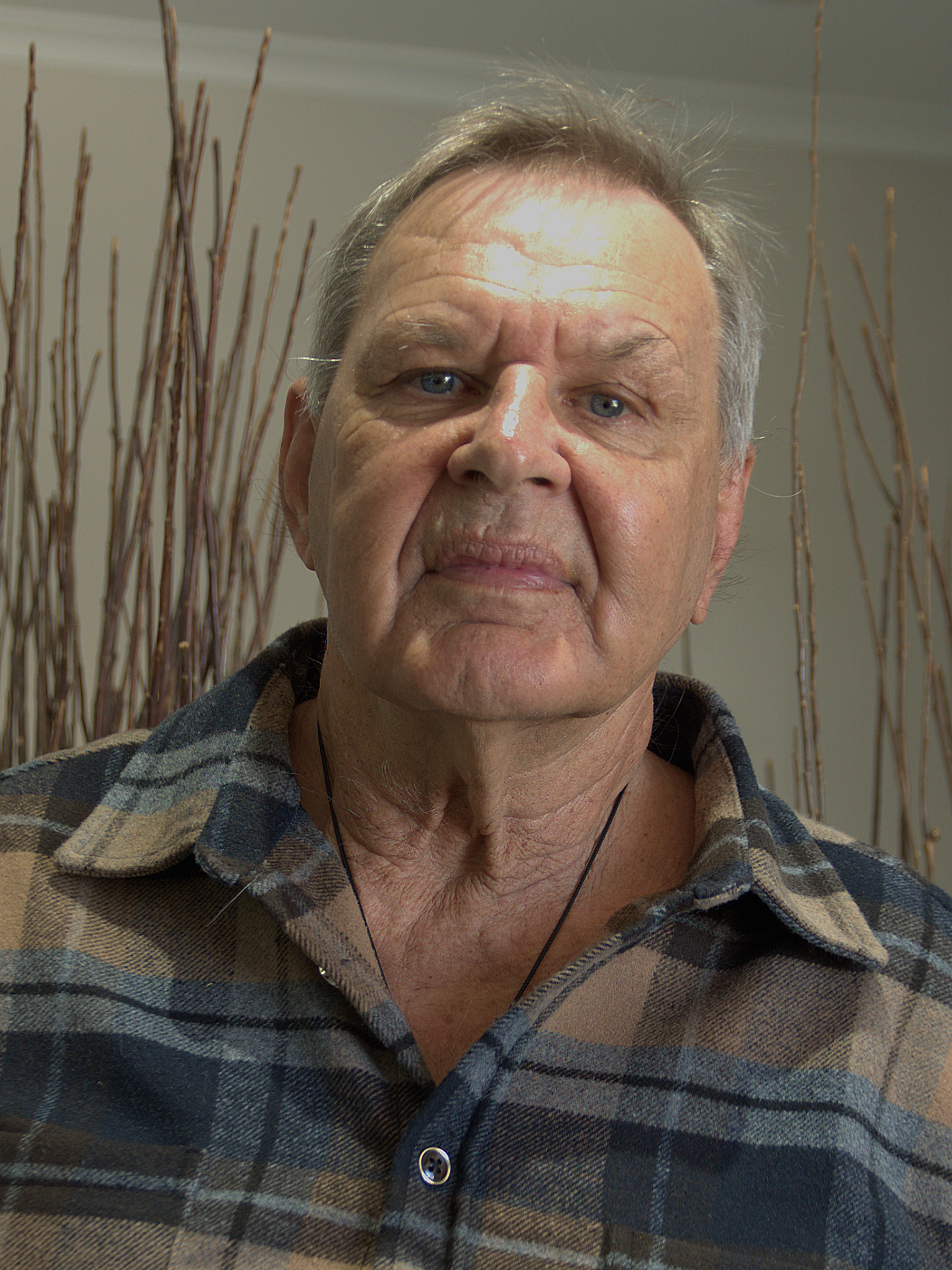 photographic portrait of a middle aged man with grey hair looking directly into the camera, with a brown and blue checkered shirt