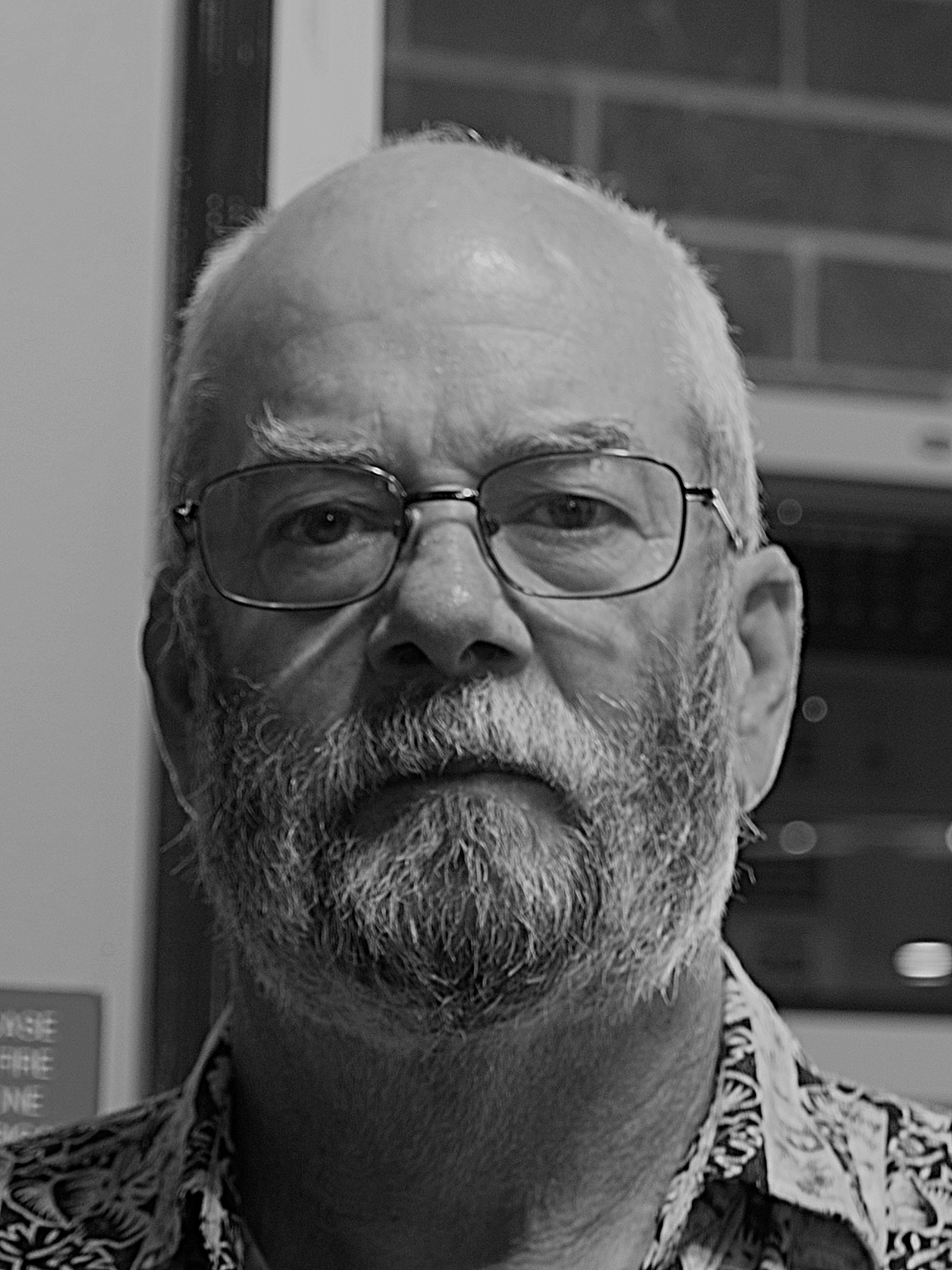 photographic portrait headshot a Peter Wilson, he is looking straight at the camera and not smiling, he has glasses and a beard