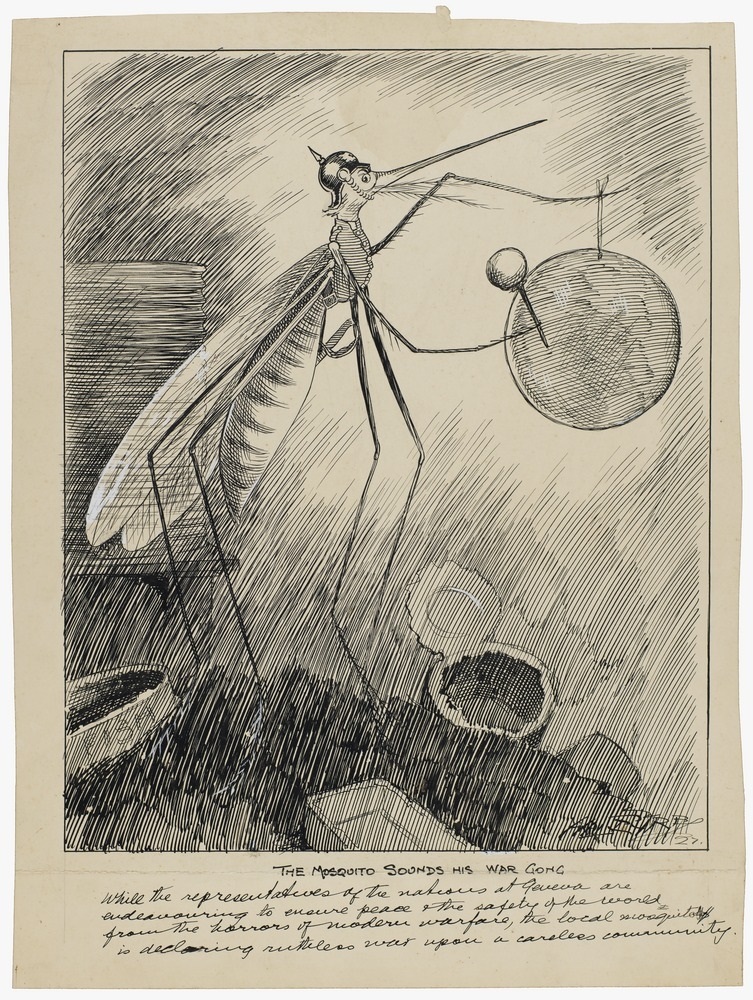 Mosquito sounds his war gong. A cartoon of a mosquito in a military uniform banging on a war gong.