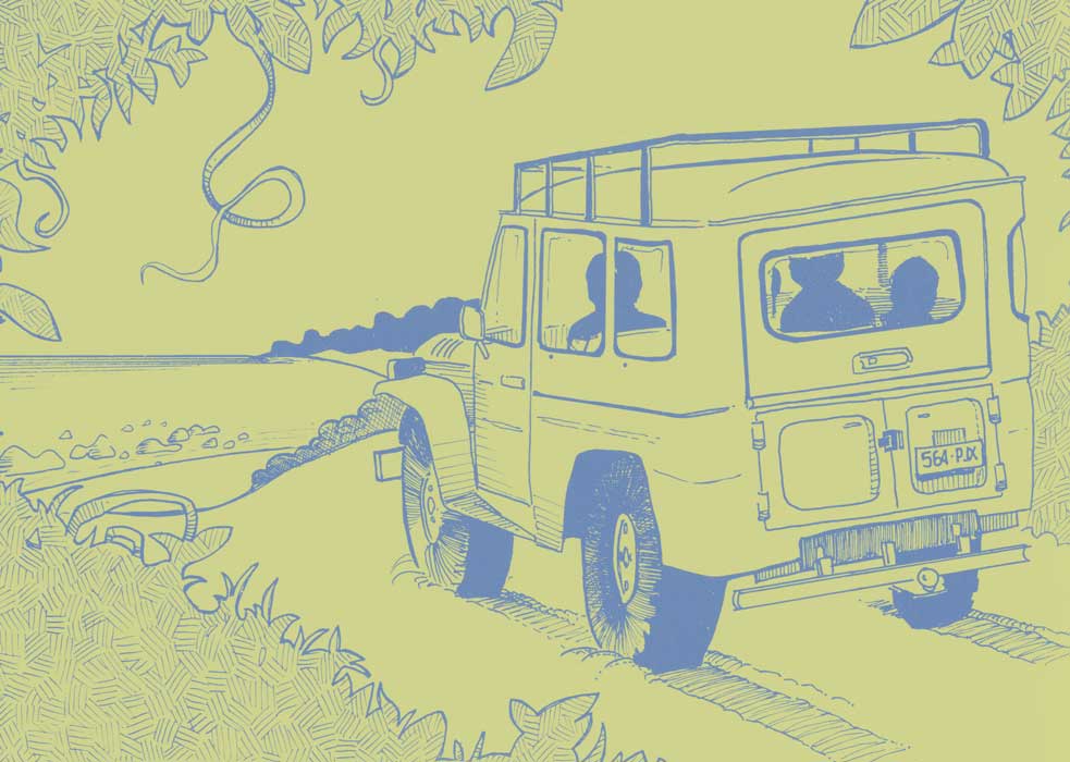From The Crocodile by Gregory Omeenyo Landrover illustration