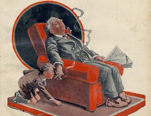 Illustrated front cover from The Queenslander, 1935. A man is falling asleep on an armchair holding a cigar and a newspaper over the arms of the chair. A boy crouches down to sneakily smoke some of the cigar.