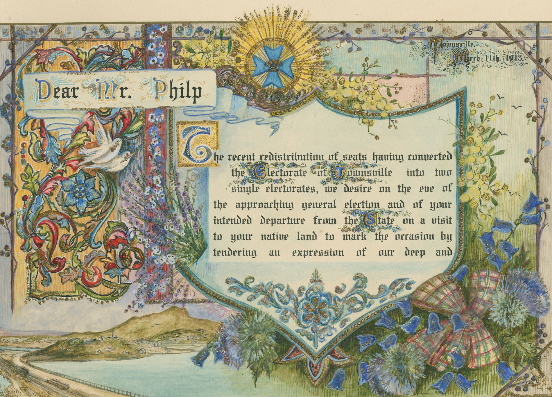 Illustrated title page from an album presented to Hon. Robert Philp on his retirement, Townsville, 1913 Illustrated title page from an album presented to Hon Robert Philp on his retirement Townsville 1913