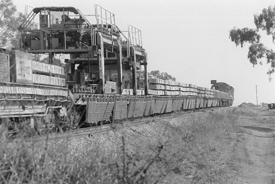 Railway track laying machine in the Bowen region, Queensland