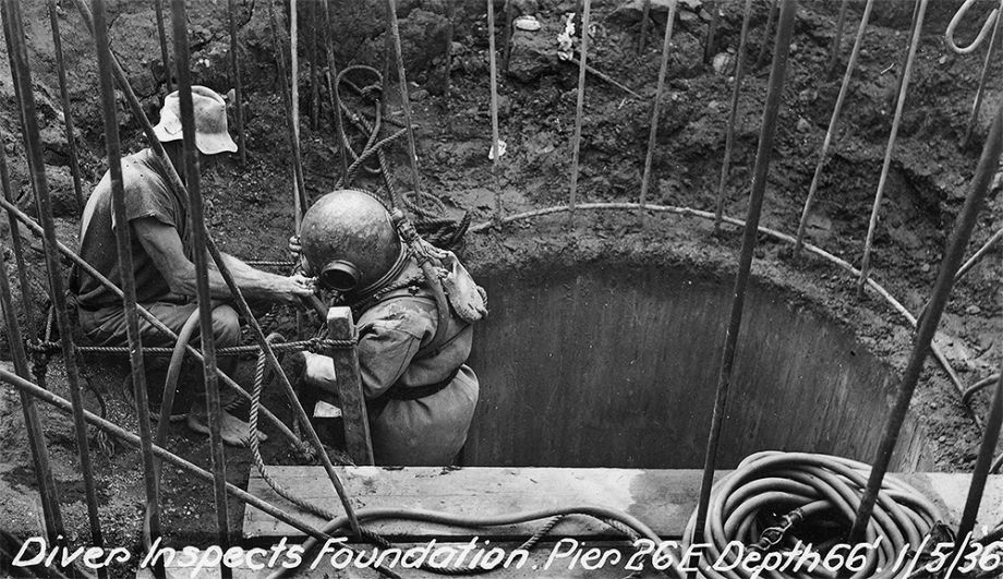 Diver inspects the foundation at Pier 26E, Story Bridge, Brisbane, 1936.