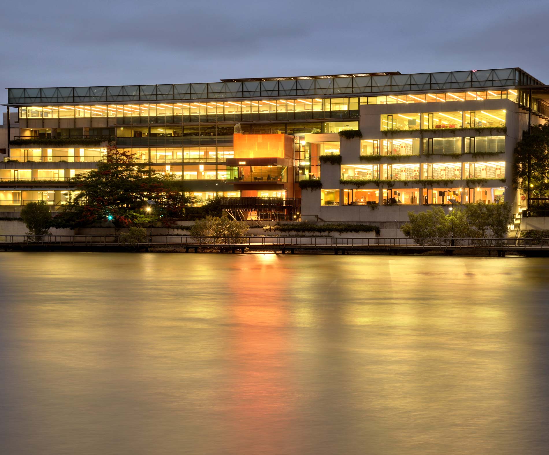 Exterior view of the State Library Exterior view of the State Library across the river at evening time