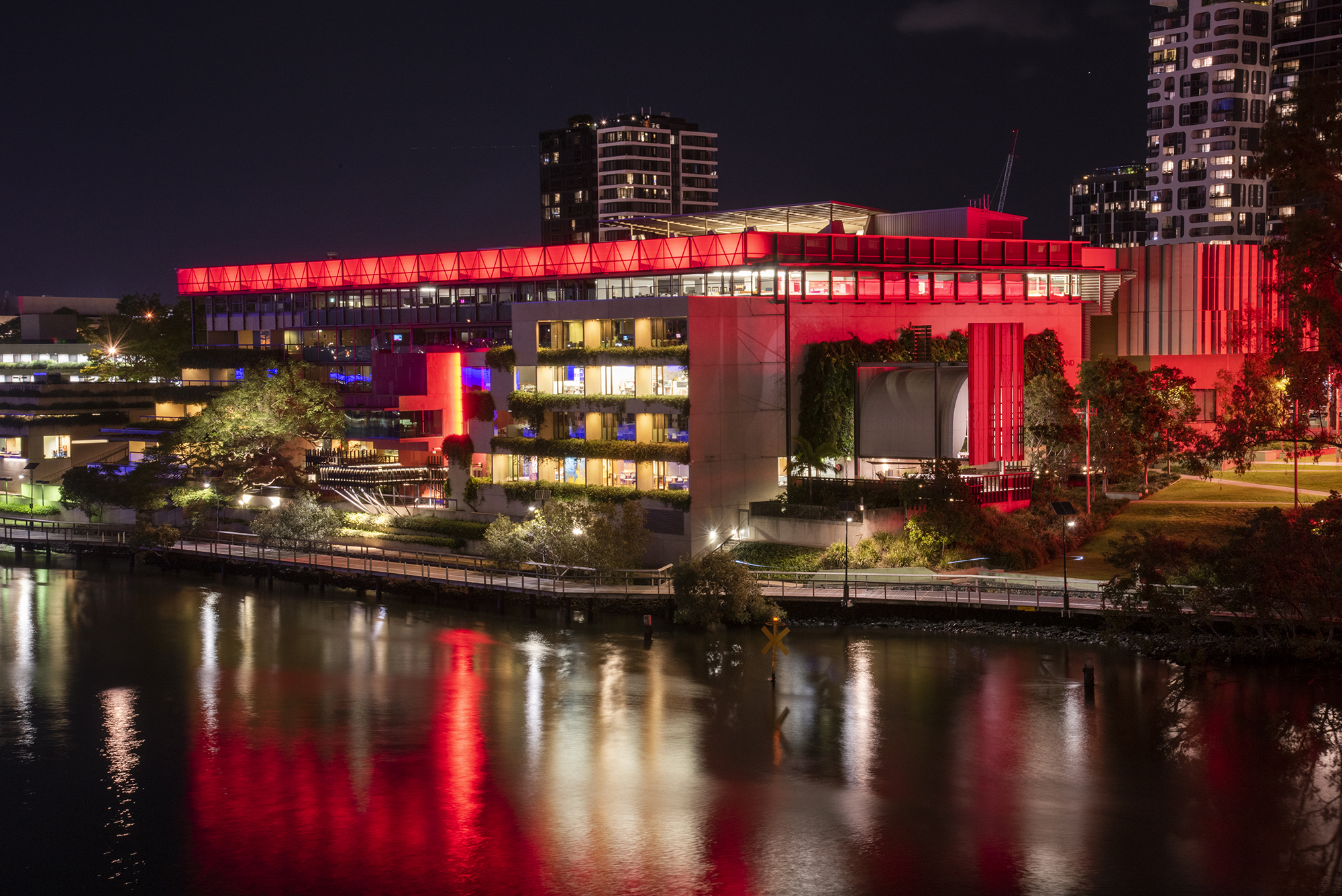 State Library lit red for Remembrance Day State Library building at night lit red for Remembrance Day