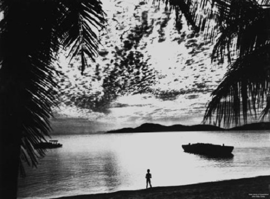 View of sunset from Palm Island, ca. 1949. Black and white image of a high contrast beach with a small child looking out into the water. Palm fronts are in the foreground and boats float on the ocean.