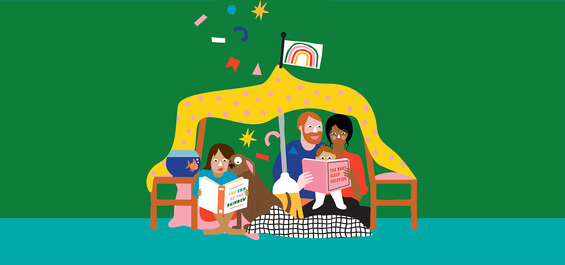 Illustration of families reading together inside a cubby house