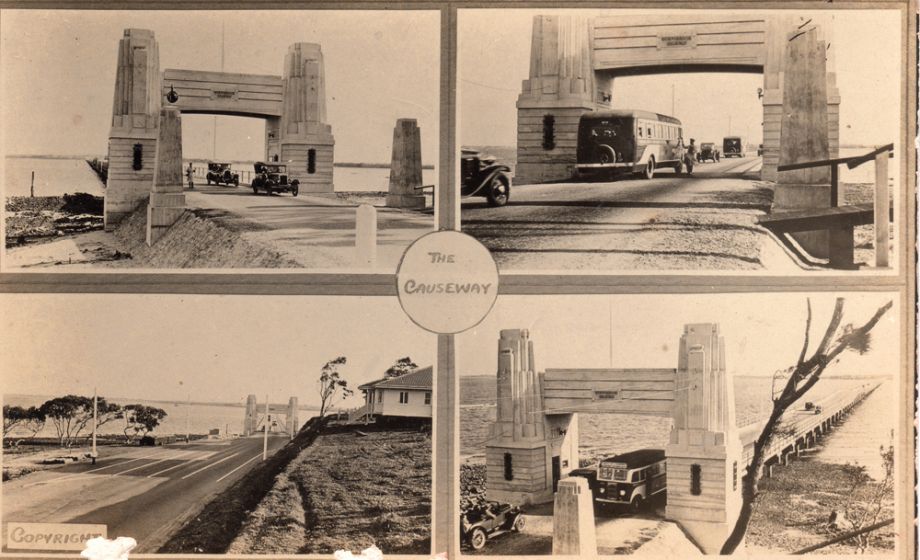 This postcard depicts images of cars and buses as they pay the toll for the Hornibrook Highway Bridge. One photo shows the house built for the tollmaster by the company and designed by John Beebe, who also designed the portals. This house later burnt down but a house nearby, owned by Manuel Hornibrook for family use and holidays is still standing on the same site.