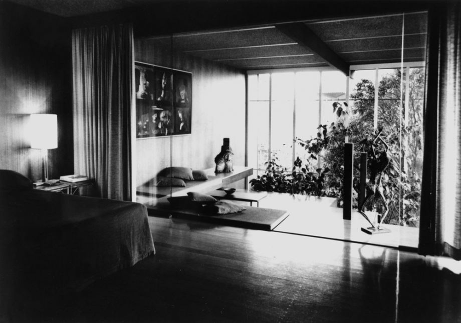 The Johnstone’s bedroom at Cintra Road including the very modern screened indoor garden. Artworks by Charles Blackman and Arthur Boyd are on display.