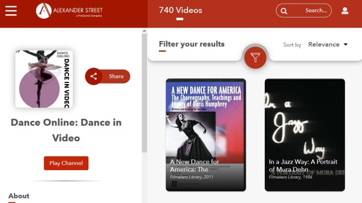 Image of Dance Online Dance in Video database home page