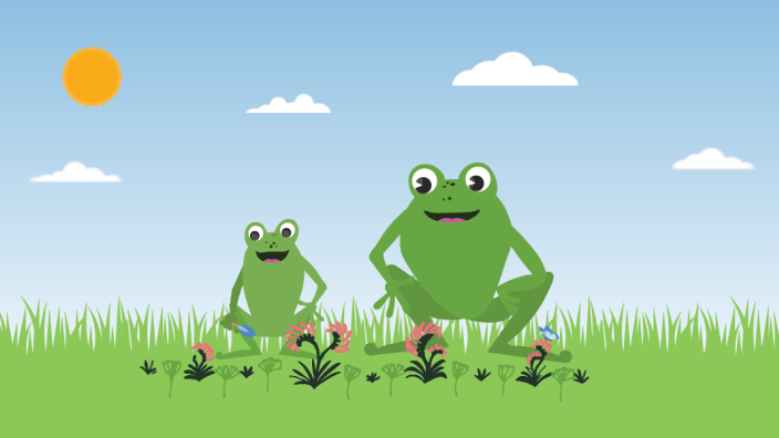 Parent and child illustrated frogs talking in a garden