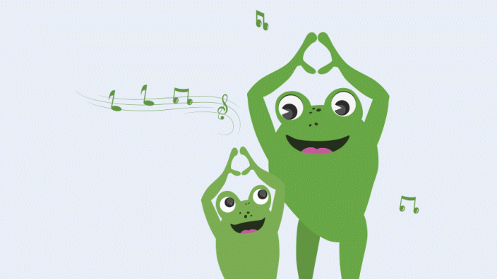 Two frogs dancing to music
