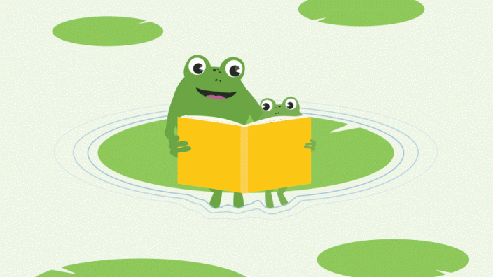 Two frogs reading a book in a pond