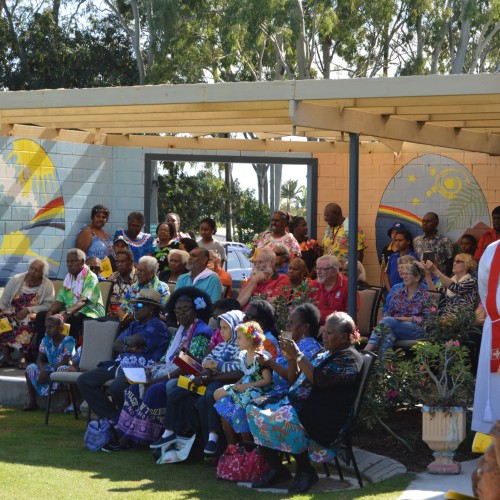 Crowd gathered for part of the ceremony at the Coming of the Light Festival, Erub Island, 1 July 2016