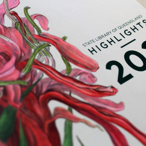 Publication cover image with a red flower and text that reads "State Library of Queensland Highlights 2021"