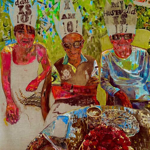 Oil on canvas painting of 3 people celebrating a 101st birthday. Each person wears a party hat.