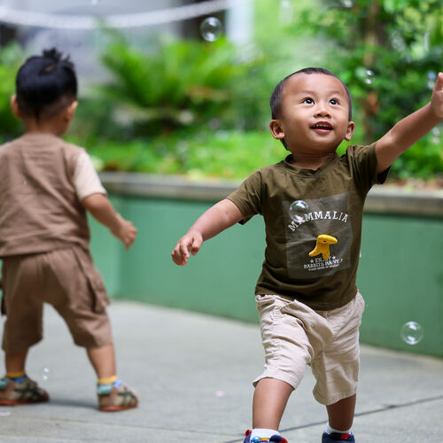 Toddler chasing bubbles in garden