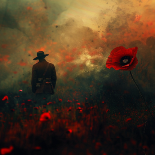 Soldier standing in a field of poppies