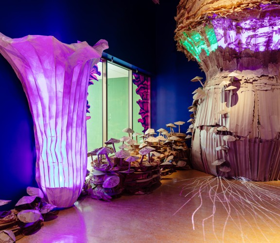 A very large cardboard mushroom with purple and green lights behind a medium size cardboard mushroom with purple lights. Both mushrooms are surrounded by smaller cardboard mushrooms