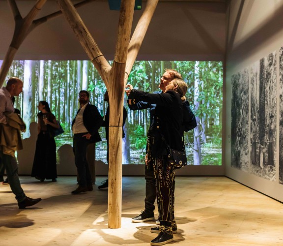 Timber pavilion at the opening night of Purpose built 2023, photograph by Katie Bennett. 
