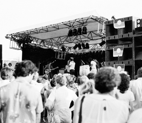 Band playing on stage to  crowd 