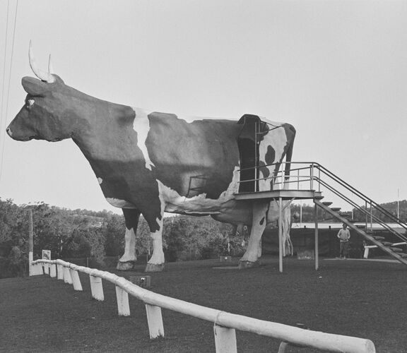 Large statue of a cow with horns.