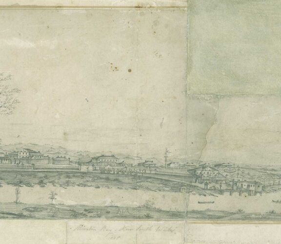 Pencil drawing of Moreton Bay settlement.